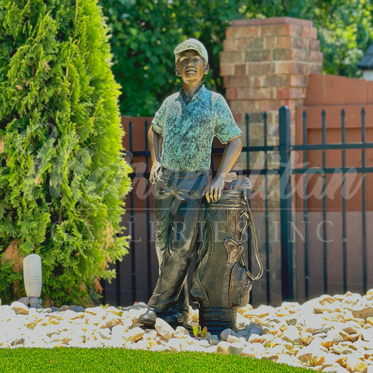 Male Golfer leaning on Clubs Bronze Statue