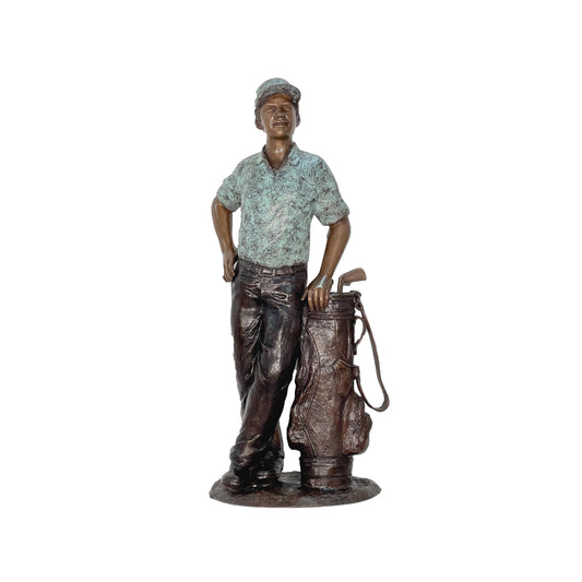 Male Golfer leaning on Clubs Bronze Statue