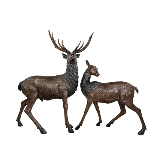 Elk & Doe Bronze Statue Set