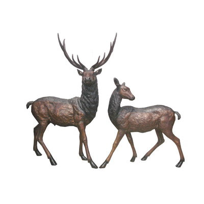 Elk & Doe Bronze Statue Set