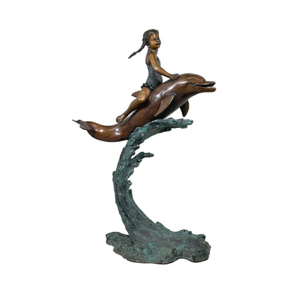 Girl Riding Dolphin Fountain Bronze Statue