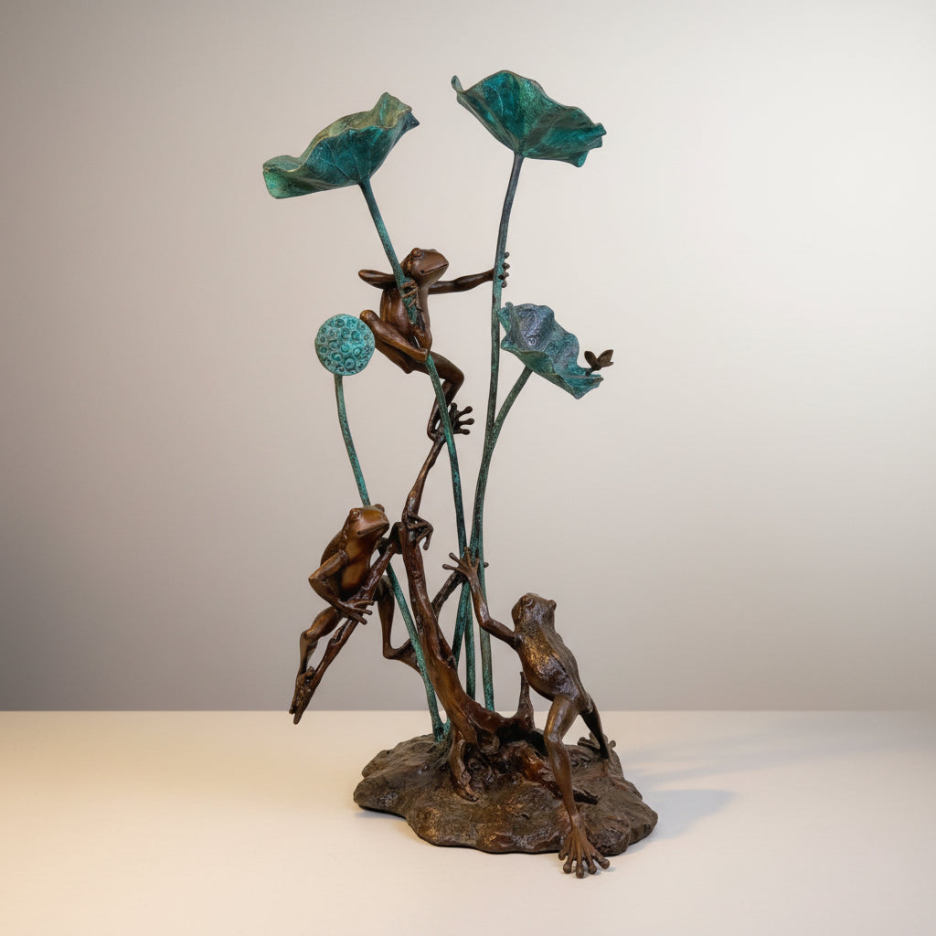 Three Frogs on Lillies Fountain Bronze Statue