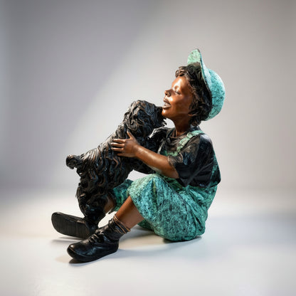 Sitting Boy Playing with Puppy Bronze Statue