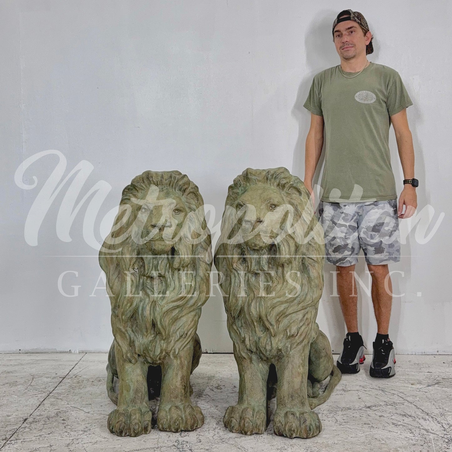 Sitting Lion Bronze Statue Pair