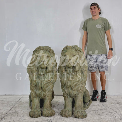 Sitting Lion Bronze Statue Pair