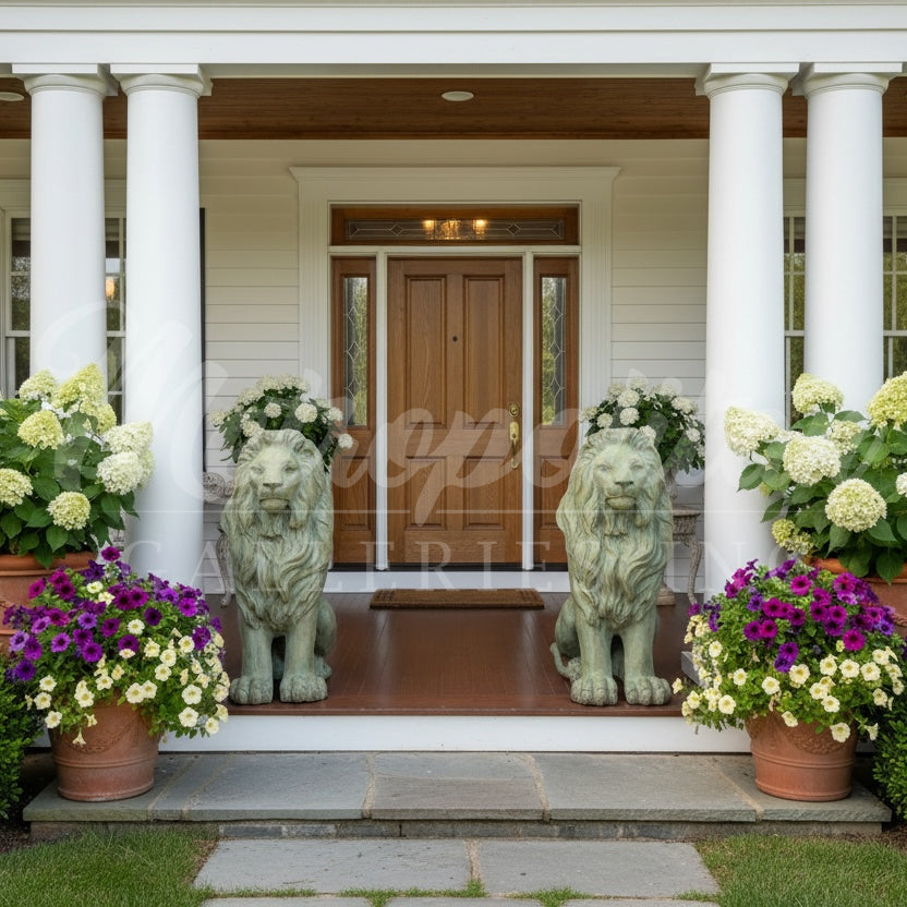 Sitting Lion Bronze Statue Pair
