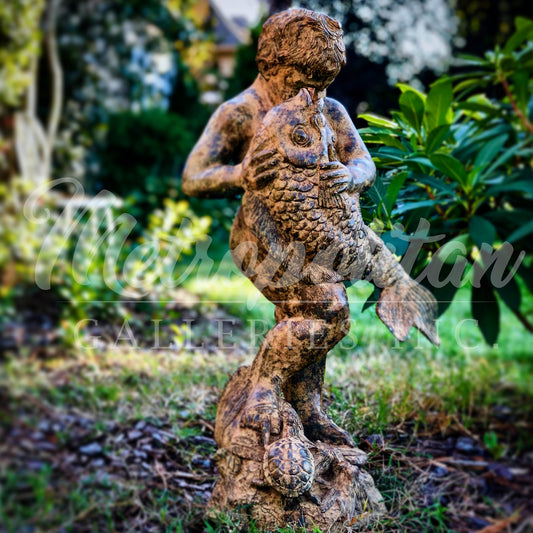 Putto holding Fish Bronze Fountain Statue