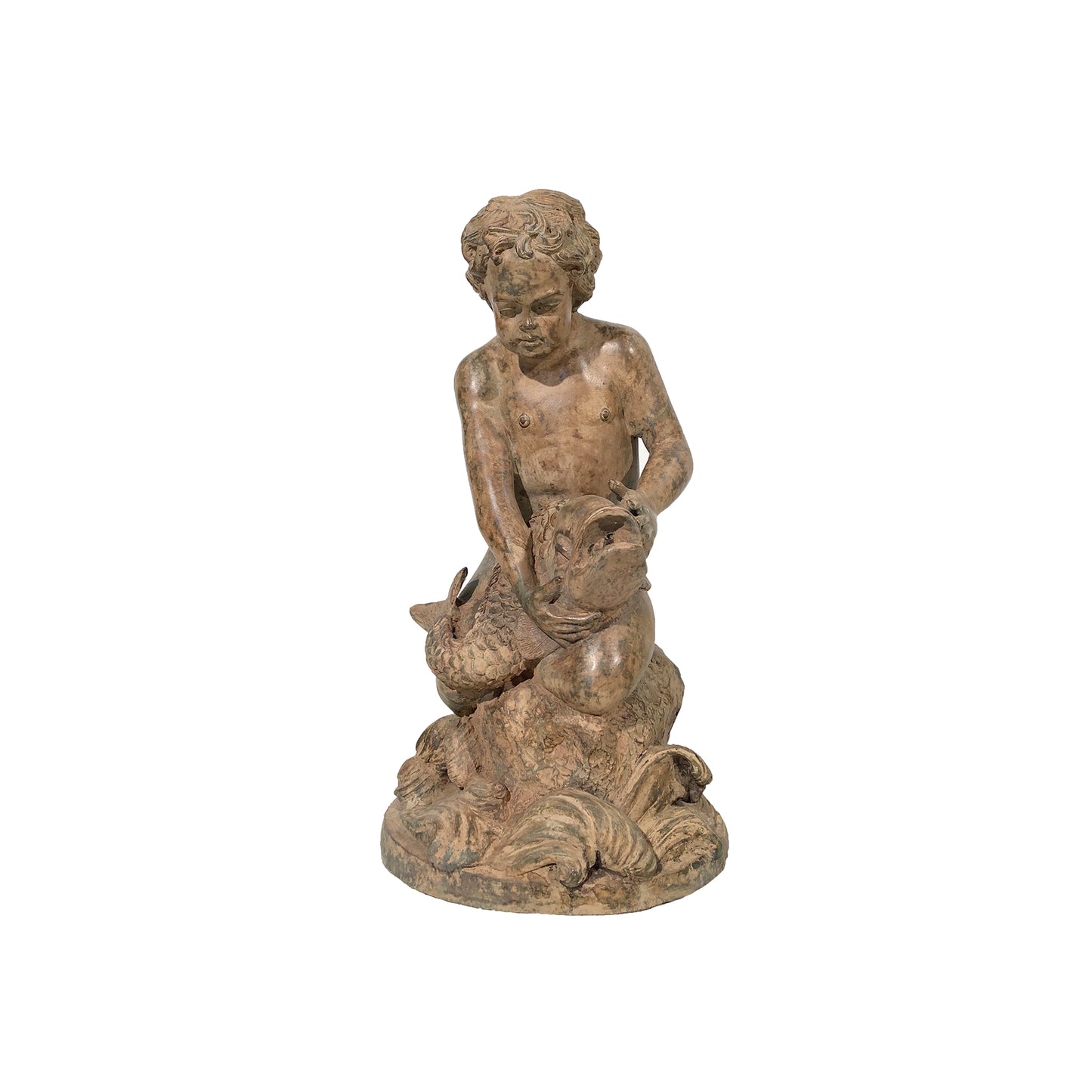 Kneeling Putto holding Fish Fountain Bronze Statue