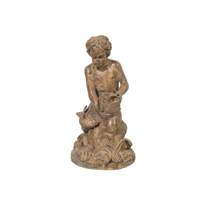 Kneeling Putto holding Fish Fountain Bronze Statue