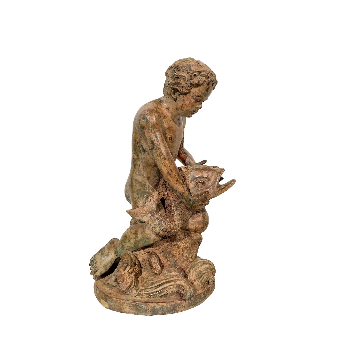 Kneeling Putto holding Fish Fountain Bronze Statue