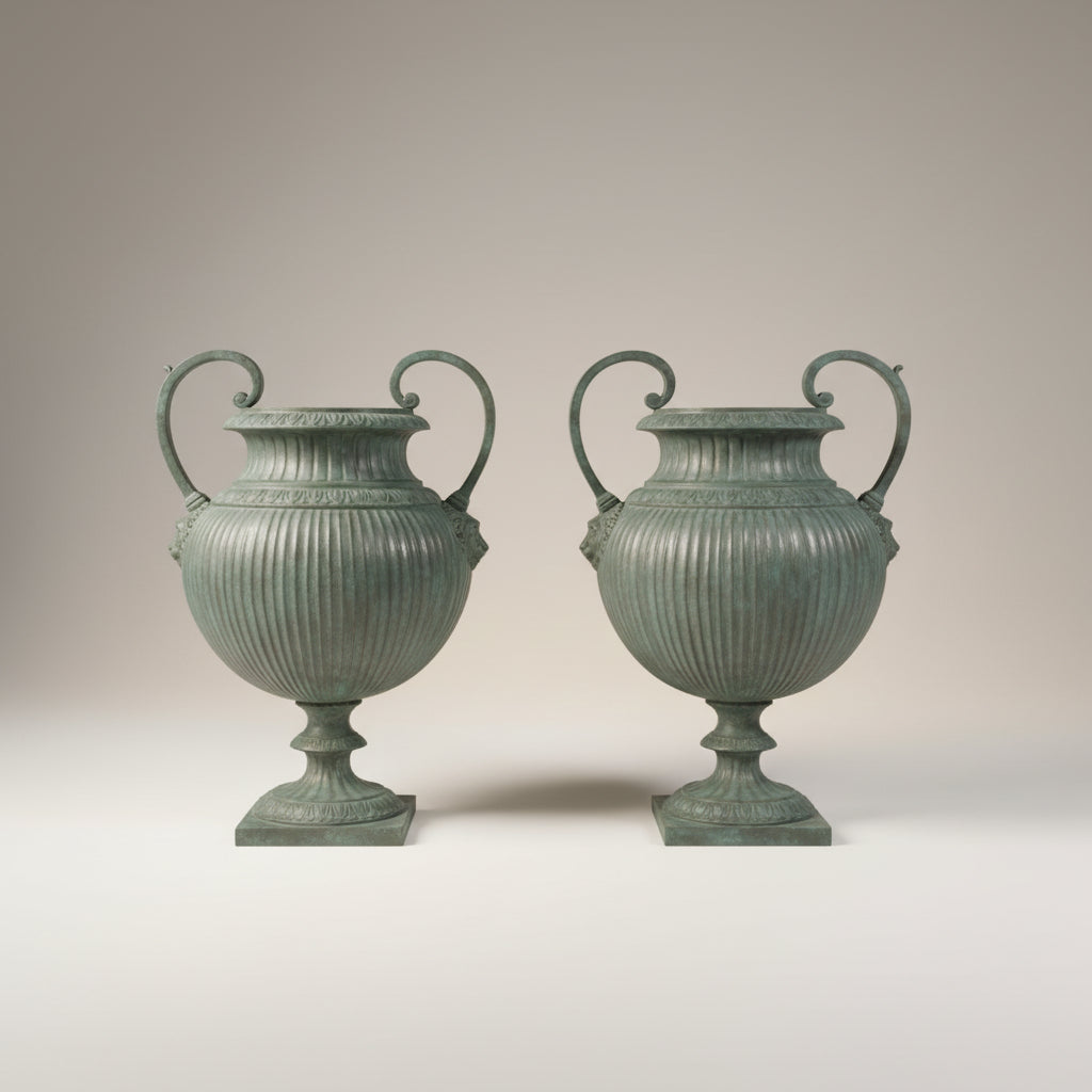 Bronze Lobbed Urn with Handles Pair