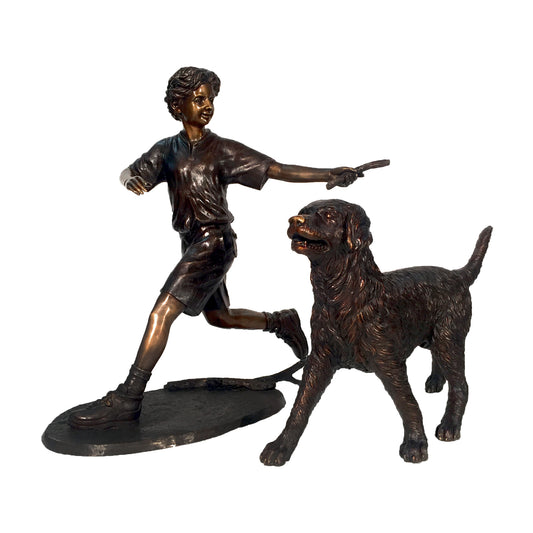 Running Boy & Dog Bronze Statue