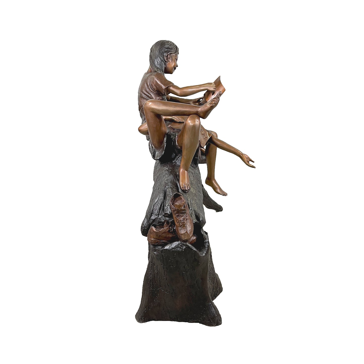 Children Reading on Log Bronze Statue