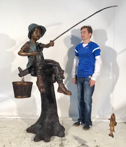 bronze boy with fishing pole Bronze Boy Fishing Statue 65" - Life-Size Angler on Stump