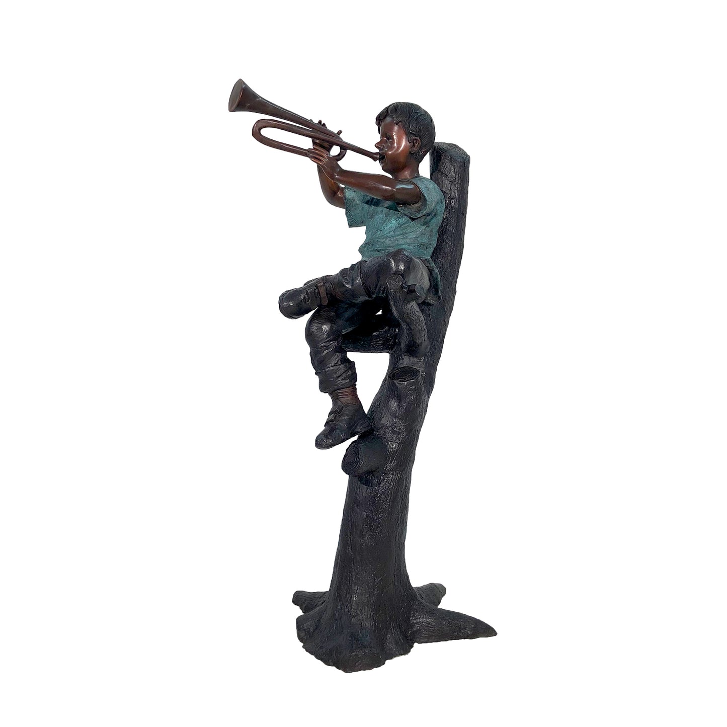 Boy playing Trumpet in Tree Bronze Statue