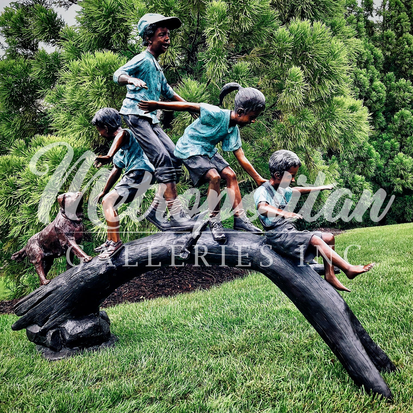 Four Children & Dog Crossing Log Bronze Statue