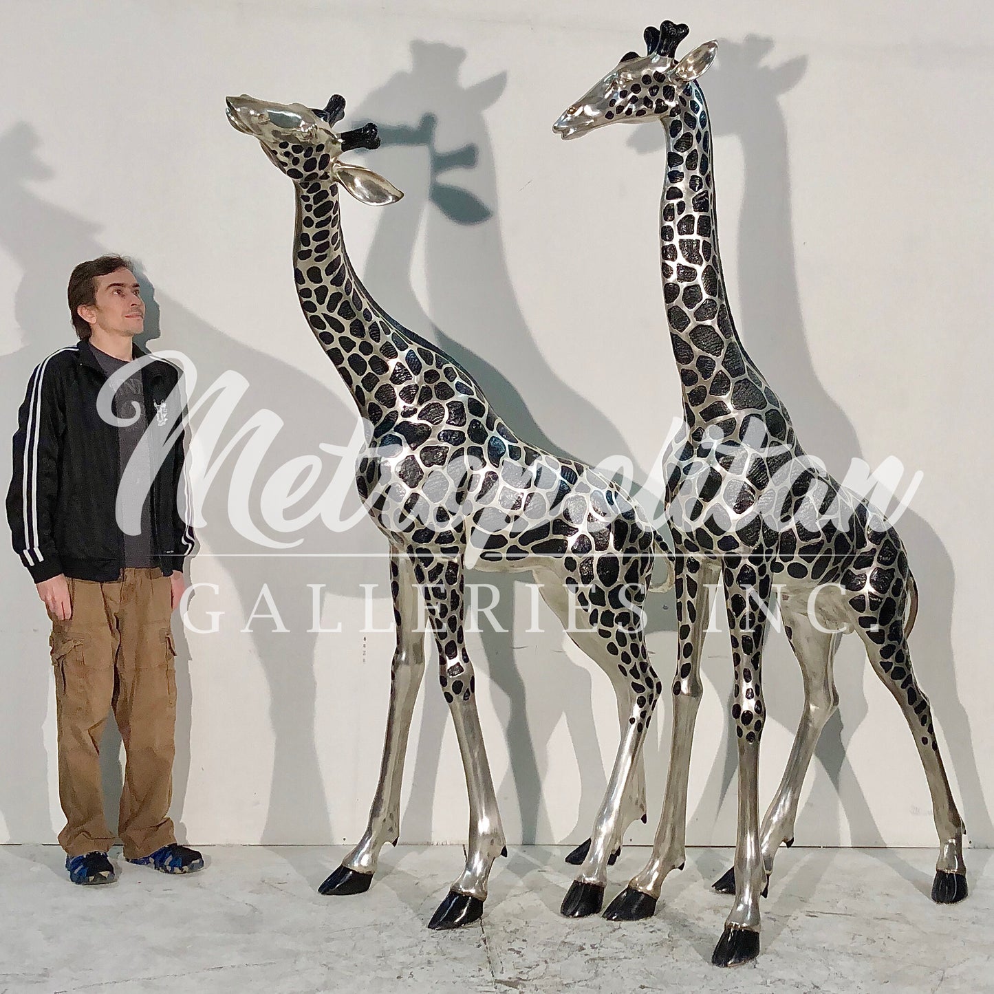 Large Silver Giraffes Bronze Statue Set