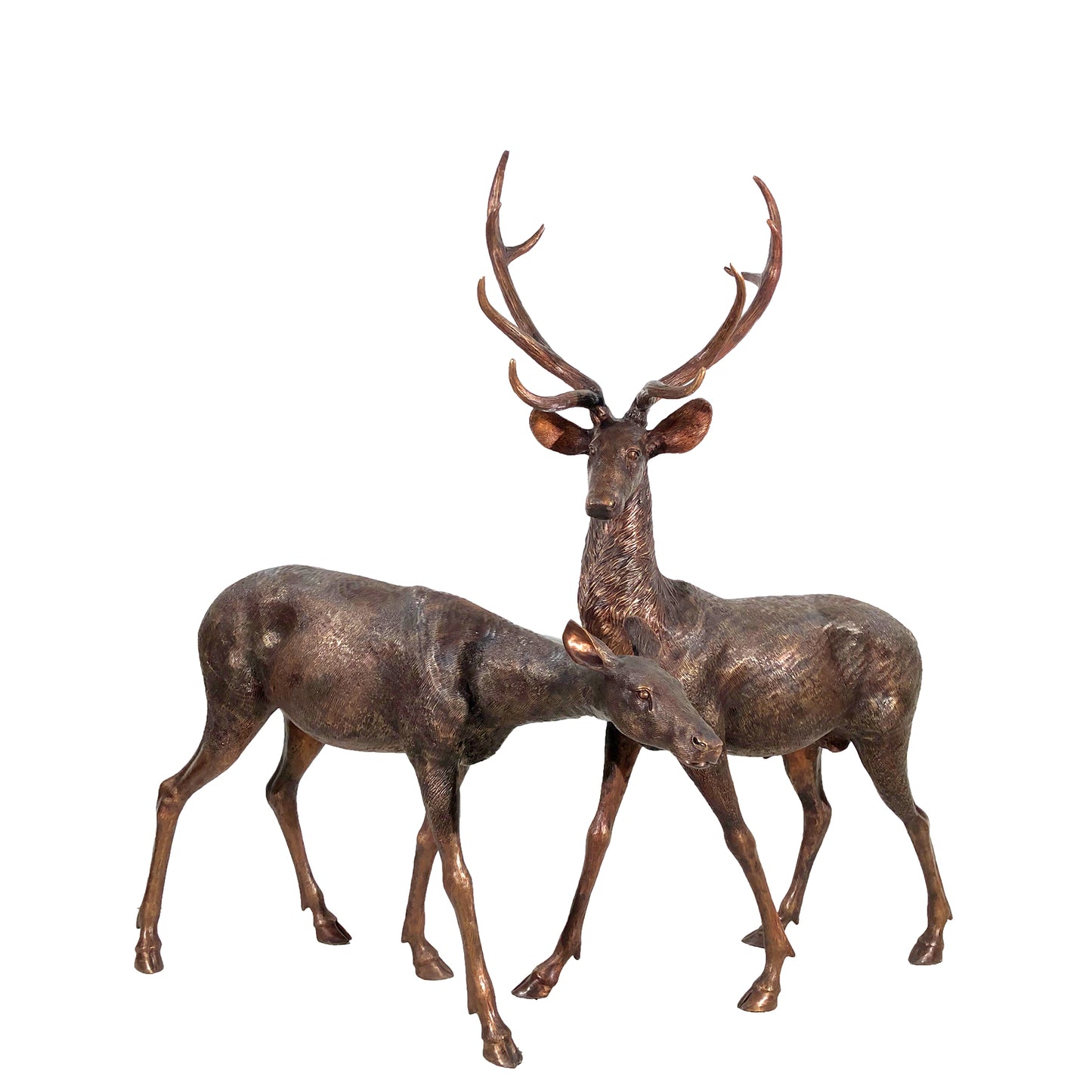 Standing Buck & Doe Bronze Statue Set