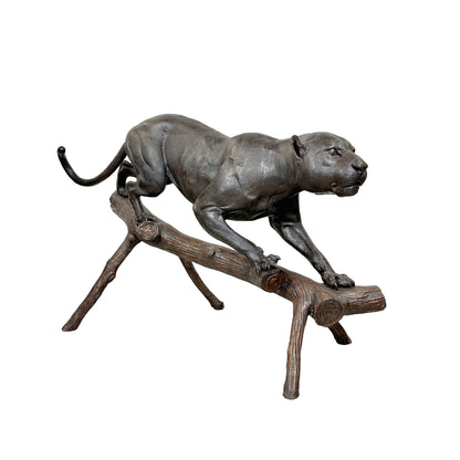 Panther Walking Down Log Bronze Statue