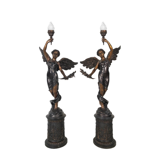 Standing Angel On Pedestal Torchiere Bronze Lamp Statue