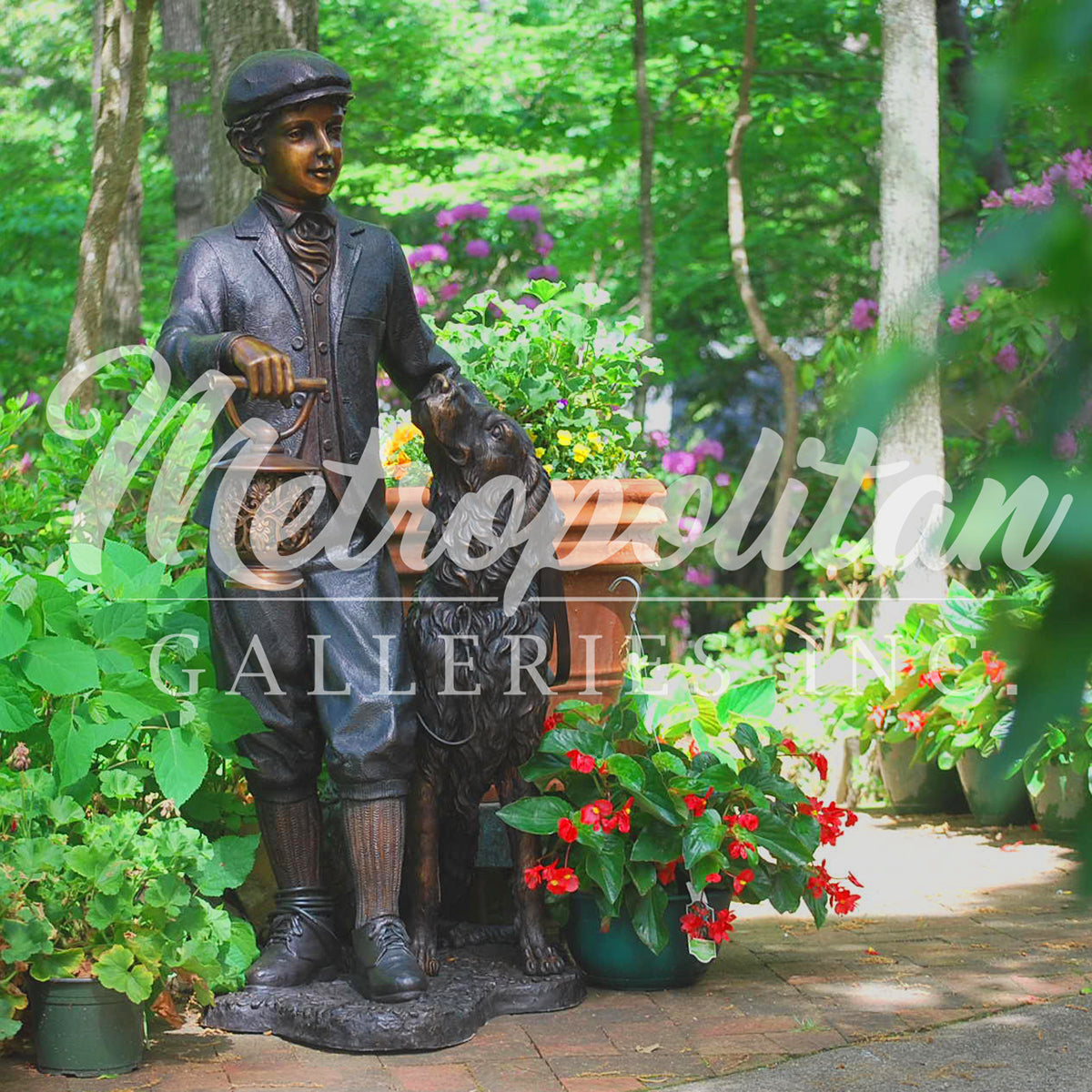 Man with Dog & Lantern Bronze Statue