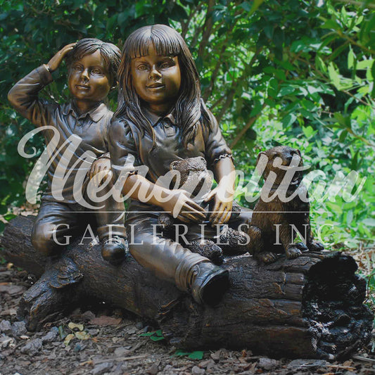 Children Sitting on Log with Dog Bronze Statue