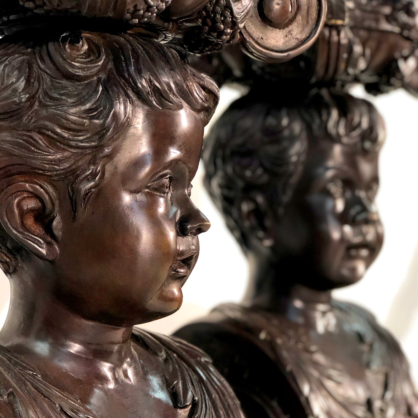 Boy Face Pedestal Bronze Statue Set