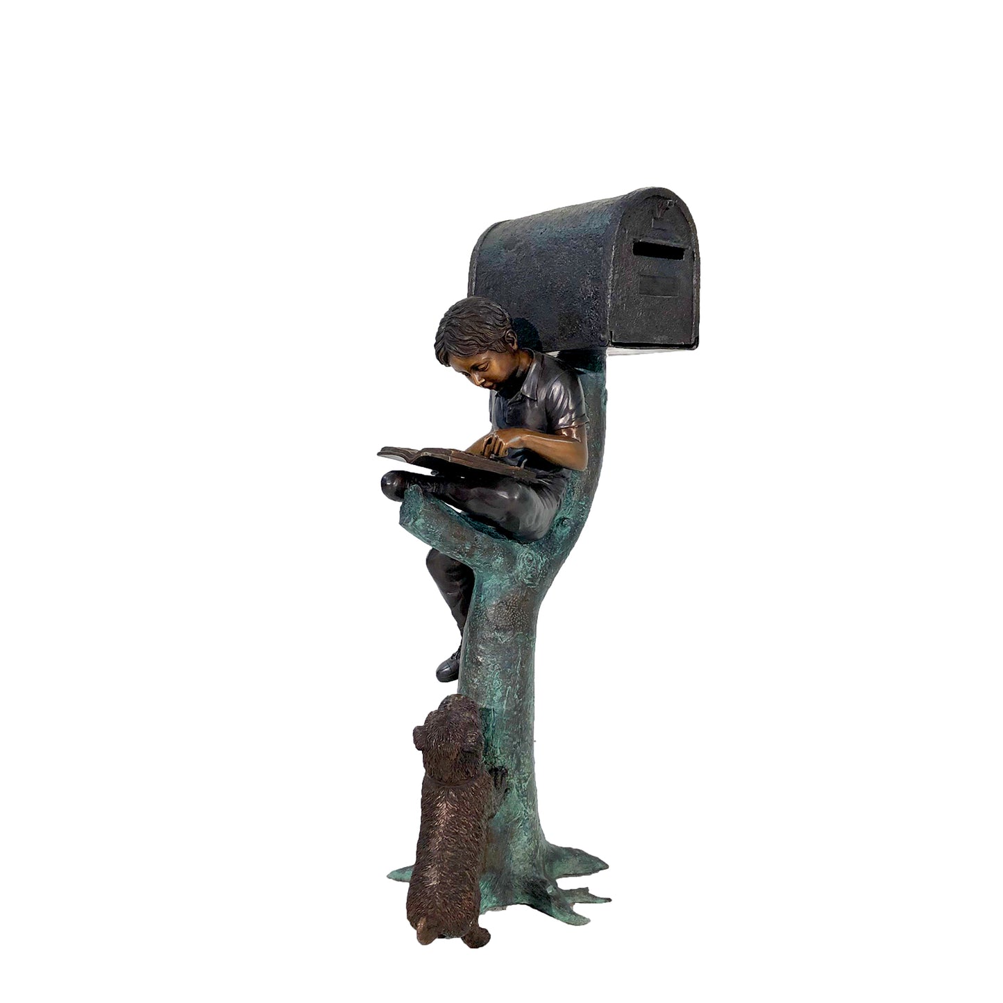 Boy Reading with Dog Bronze Statue Mailbox