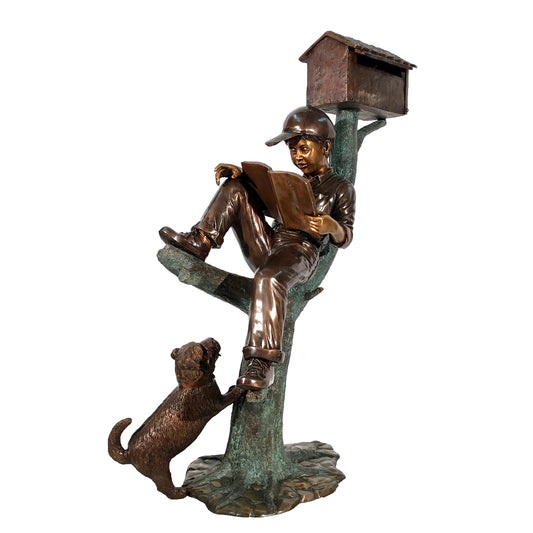 Boy Reading in Tree with Dog Bronze Statue Mailbox