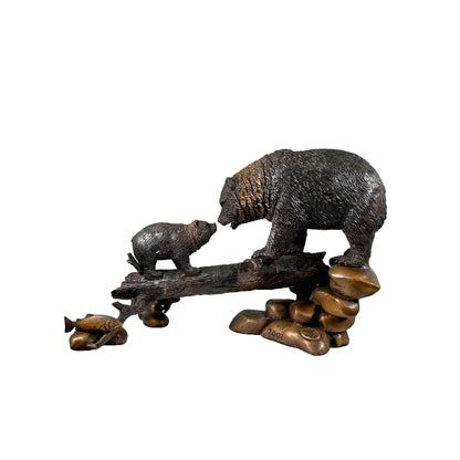 Bear & Cub on Log Table-top Bronze Statue