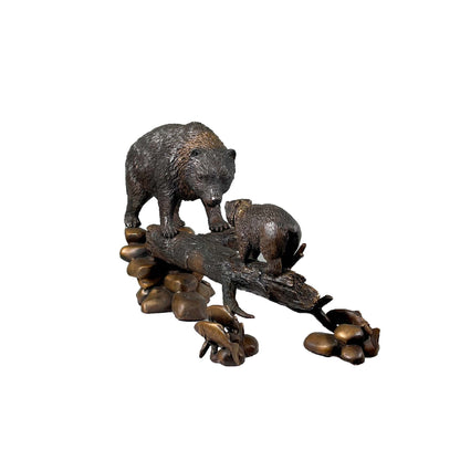 Bear & Cub on Log Table-top Bronze Statue