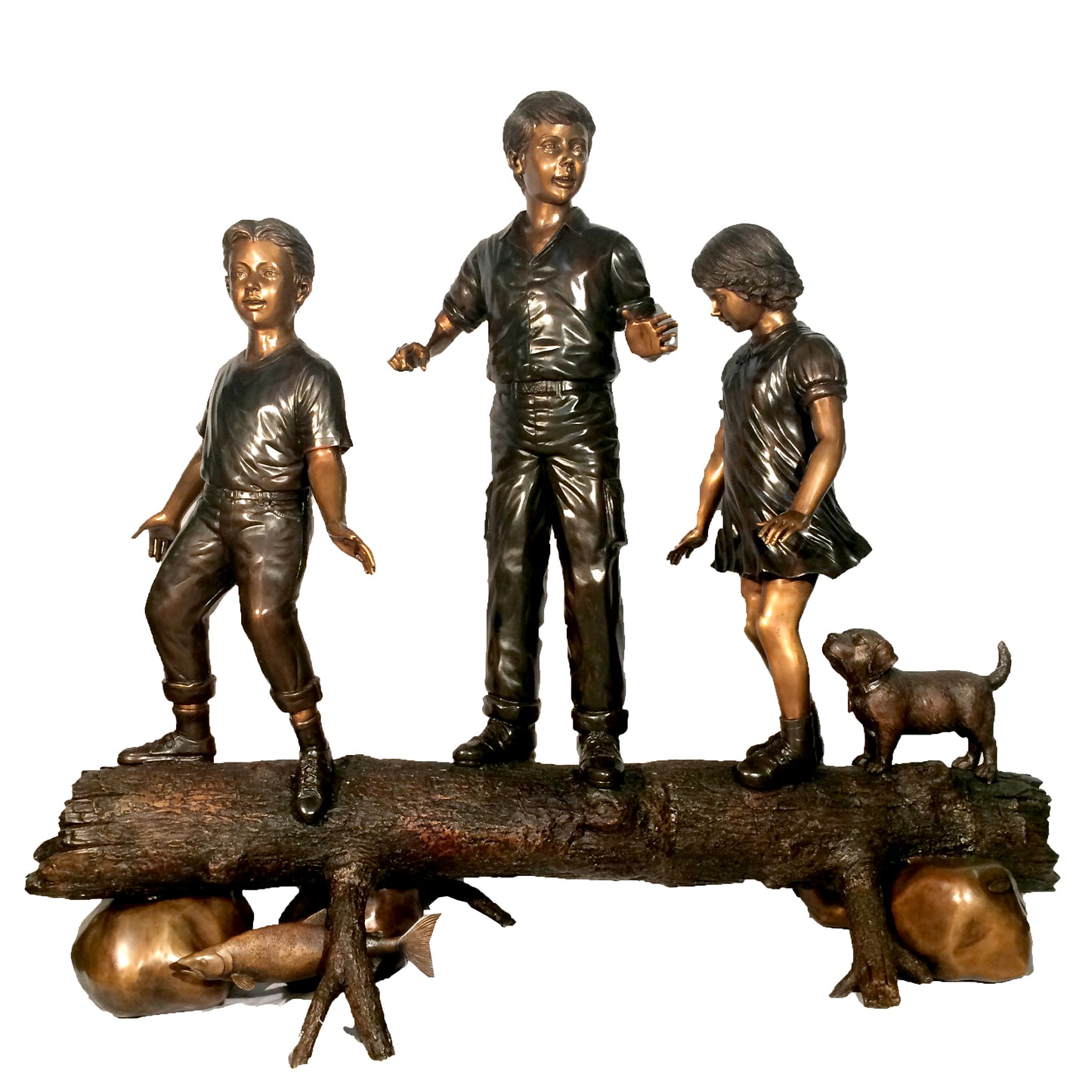 Three Children & Dog crossing Log Bronze Statue