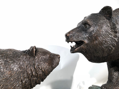 Bear & Cub on Log Bronze Statue