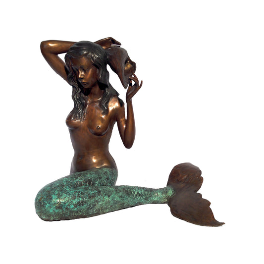 Sitting Mermaid holding Shell Fountain Bronze Statue